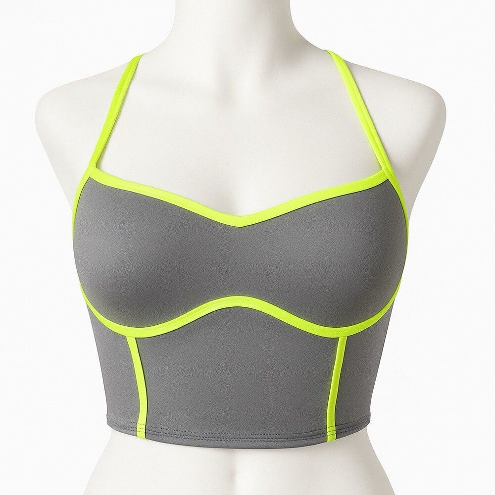 VS PINK Yoga Sports Bra Longline Gray Neon Yellow – Women’s – Padded Activewe